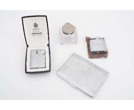 A cased Ronson Varaflame lighter, one other, a Har-Bro cigarette case, and a Her Majesty's Stationary Office ink well 