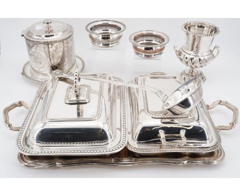 A quantity of quality period electroplate including a tray, two large dishes, campana urn, ladle, decanter coasters and a bis