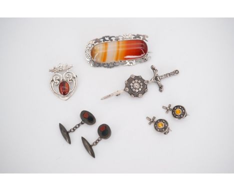 Vintage silver and white metal Scottish jewellery, including "pebble" cuff links, agate brooch, luckenbooth brooch and ear cl