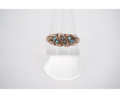 A late Victorian turquoise, split seed pearl and yellow-metal ring, the cabled face sunken set in an alternating arrangement,