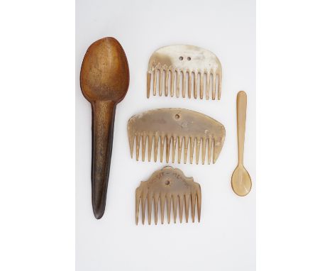 Two antique horn spoons and three horn combs, one comb bearing the engraved inscription "For-Get-Me-Not"