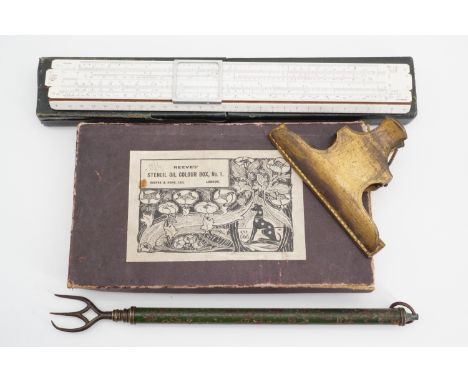 A large Victorian brass paper clip, a vintage Reeves' "Stencil Oil Colour Box No 1", a slide rule and a Victorian telescopic 