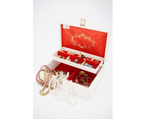 A vintage jewellery box containing a collection of mid- to late-20th Century costume jewellery and watches