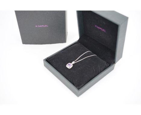 A contemporary 9ct white gold, diamond and amethyst pendant necklace retailed by H. Samuel, pendant 8mm, 1.2g