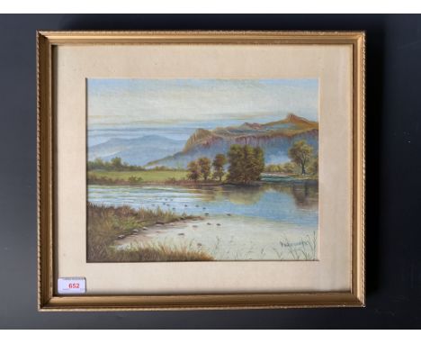 J*** Whittaker (19th Century) River scene with quiescent waters and amethyst tinged peaks, bodycolour, framed and mounted und