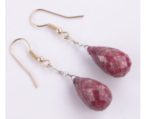 A pair of facet-cut natural ruby and seed pearl drop earrings, ruby length 20mm.