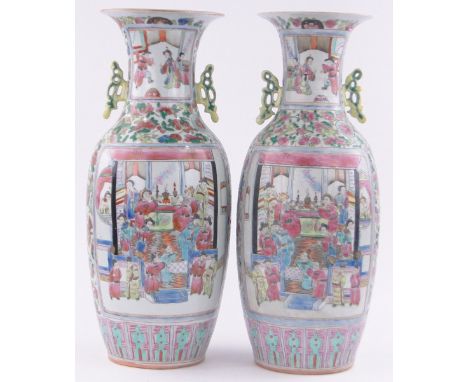 Pair of Cantonese porcelain vases, painted enamel decoration, height 57cm.