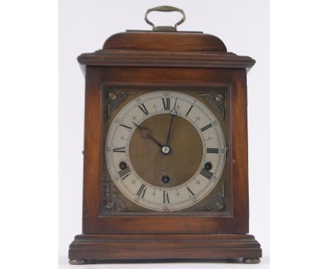 A Georgian style Elliott walnut cased bracket clock, brass and silvered dial with 8-day chiming movement, height excluding ha