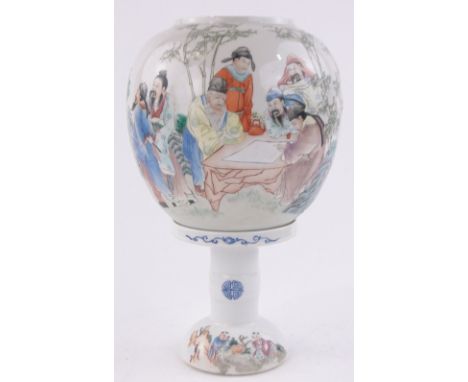 A Chinese porcelain lamp on stand, hand painted enamel court figures, overall height 30cm.