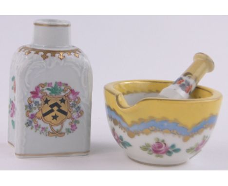 A Sevres porcelain pestle & mortar, diameter 9cm together with a small Samson porcelain armorial caddy, height 10cm, (2).