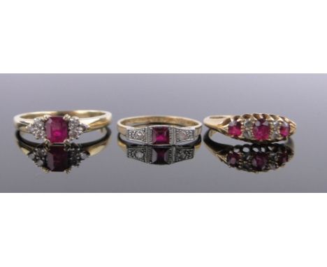 3 - 18ct gold ruby and diamond rings.