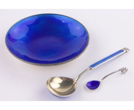 A sterling silver and blue enamel dish, 10cm diameter by Anton Nickelsen, similar spoon and miniature salt spoon, (3).