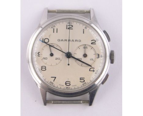 A gent's Vintage Garrard chronograph wristwatch head, stainless steel case with 2 subsidiary dials, case width 37mm, working 