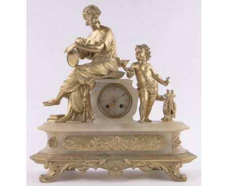 An ornate 19th century gilt spelter and alabaster mantel clock,surmounted by classical figures, dial stamped Cardiff, height 