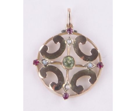 A 9ct rose gold peridot, ruby and seed pearl set pendant, 25mm across.