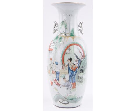 A large Chinese porcelain vase, painted enamel interior scene with text, height 57cm.