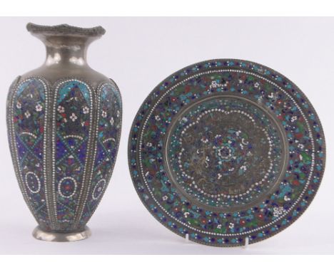 Unmarked Indian white metal and champleve enamel vase and matching dish, vase height 27cm, dish diameter 26cm, gross weight 5