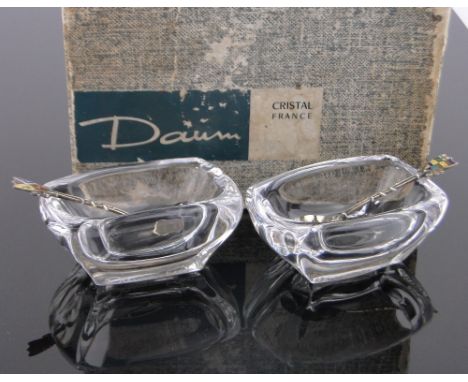 Pair of Daum crystal salts, length 7cm with sterling silver and enamel salt spoons in case.