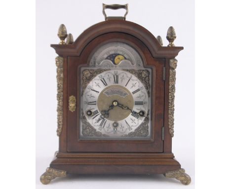 A reproduction walnut cased domed top bracket clock, ornate silvered dial with moonphase and 3-train striking movement, heigh