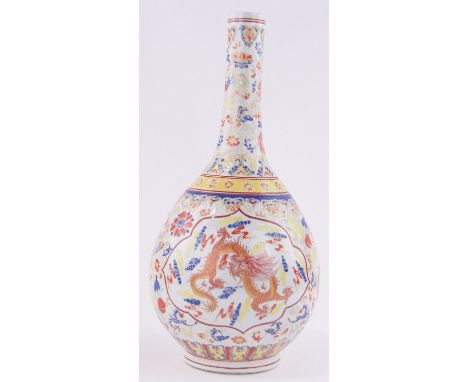 A large Chinese porcelain narrow necked vase, hand painted enamel dragons and birds, height 48cm.