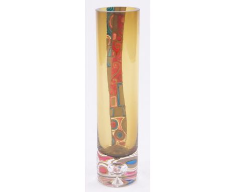 An Amanda Carey yellow cylindrical glass vase,hand painted enamel band, height 23cm.