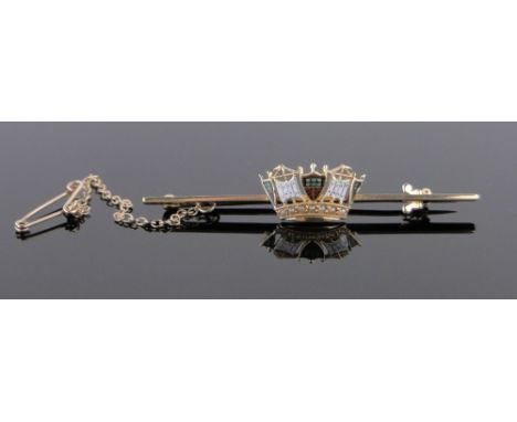 A 15ct gold enamel and pearl set Cinque Ports design bar brooch, length 52mm.