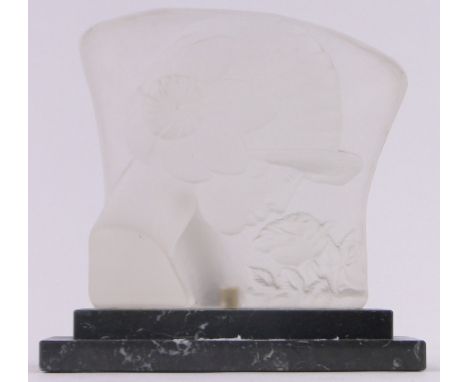 A moulded glass reverse lit lamp, depicting an Art Deco woman, on stepped marble plinth, overall height 24cm, base length 26c