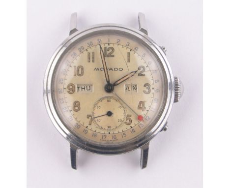 A Vintage gent's Movado chronograph wristwatch head, stainless steel case, subsidiary second dial and calendar, case no. 5263