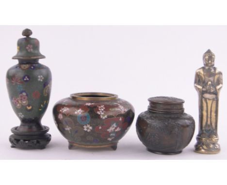 A group of Oriental items, including Chinese Cloisonné enamel vase and cover on stand height 16cm and Chinese silvered brass 