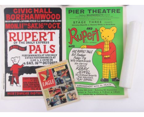 3 Puppet Theatre Posters, including British Puppet & Model Theatre Guild 50th Golden Jubilee & Rupert Bear, together with Eag