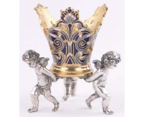 A silver plate brass and champleve enamel pot supported by 3 cherubs, height 9cm.