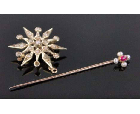 A ruby and pearl set gold stick pin and a pearl set gold starburst brooch, (2).