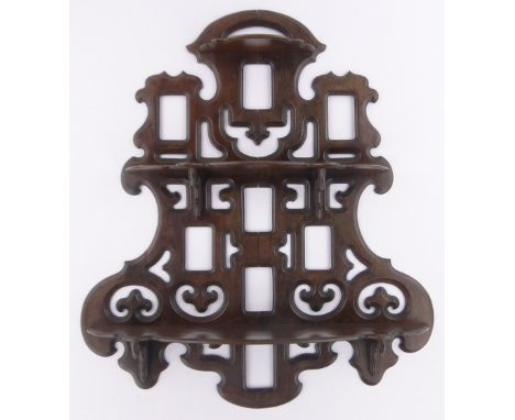 A Chinese hardwood 3-tier wall hanging display shelf, with pierced panelled back, height 84cm, width 71cm.