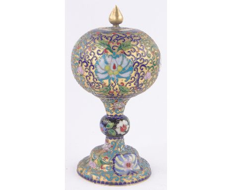 A Chinese gilt brass and Cloisonné enamel pot and cover, height 19cm.