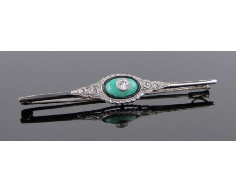 An Art Deco 14ct white gold bar brooch with central diamond blue stone and enamel, length 55mm. 