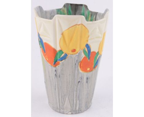 A Clarice Cliff Delecia Bizarre pattern vase,hand painted geometric fruit designs, height 19.5cm, rim diameter 13.5cm.