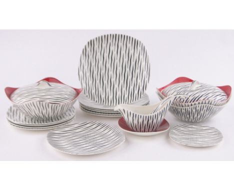 A Midwinter Zambesi pattern dinner service circa 1950s, designed by Jessie Tait, comprising pair of vegetable tureens, 6 dinn