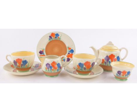 A Clarice Cliff Crocus pattern tea for two set.