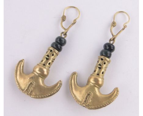 A pair of unmarked gilt metal and jade Roman style drop earrings, length to top bead 35mm.
