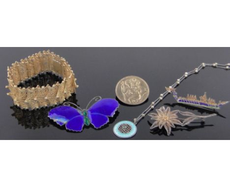 A box containing silver and enamel butterfly brooch and other jewellery.