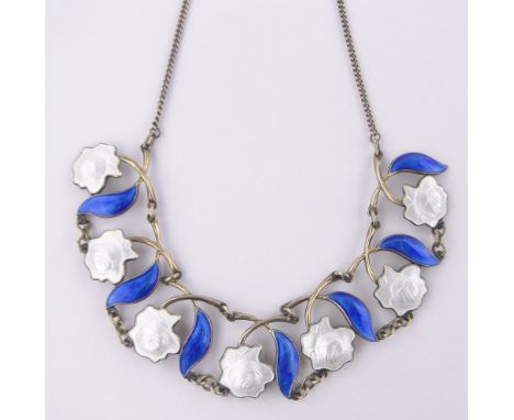A Swedish silver gilt black and white enamel floral design necklace.