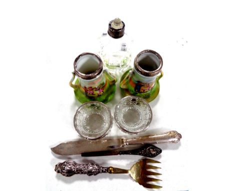 A cut glass silver rimmed perfume bottle together with a pair of cut glass silver rimmed salts, a pair of Royal Bayreuth Bava