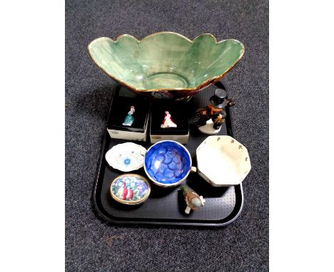 A tray containing Maling lustre bowl, Goebel figure of a robin, Oldcourt gilt bowl, two boxed miniature Royal Doulton ladies 