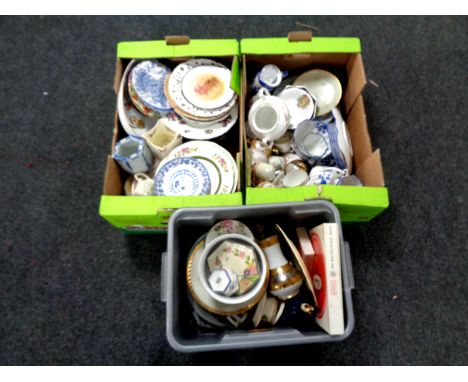 Three boxes containing a large quantity of porcelain dinner wares, Japanese export tea china, Royal Worcester evesham ware et