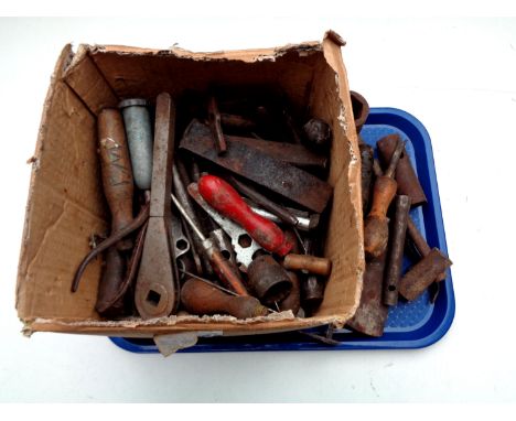 A small box containing vintage hand tools, socket set  