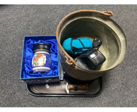 A tray containing swing handled metal cooking pot, bottle corking set, oriental style vase in box, Spanish knife in leather s