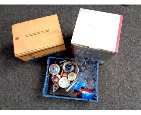 A crate containing 20th century lustre tea china, glassware, cutlery etc together with a boxed Sankyo projector and a boxed f