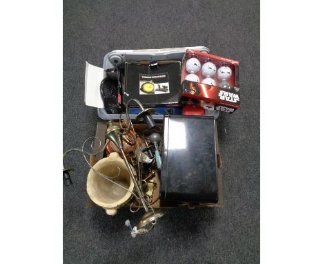 Two boxes containing pendant light fitting, Star Wars baubles, electricals, Dimplex fire, oriental vase etc 