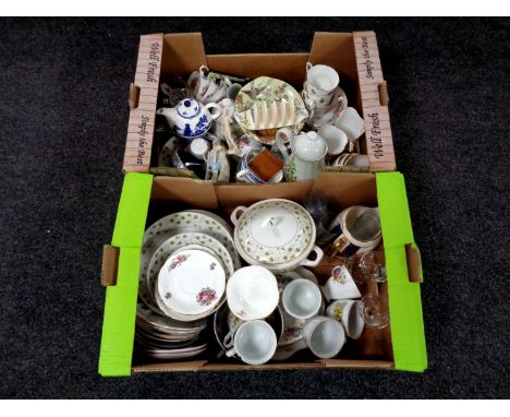 Two boxes containing 20th century porcelain and glass including Royal Stewart part tea set, Maling lustre bowl, hip flask, pl