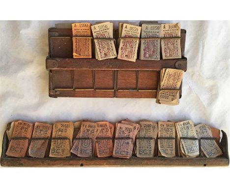 Pair of bus conductor's wooden TICKET-RACKS, double-sided, with spring loaded compartments, the first a 24-section (4 x 6), d